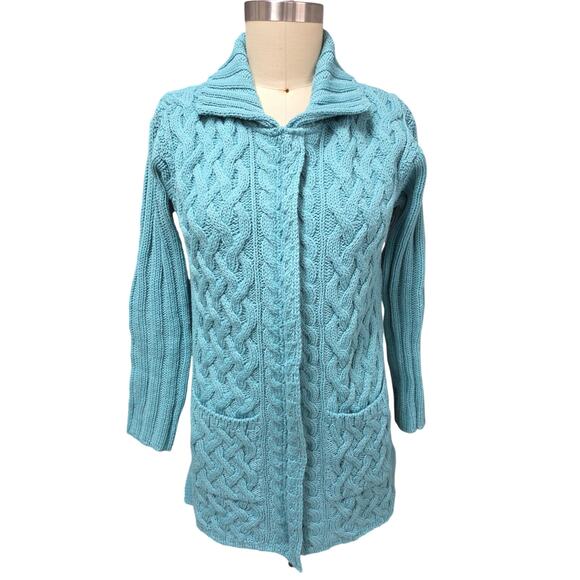 Aran Crafts Ireland Merino Wool Zip Sweater Aqua Pockets Snap Collar M NWOT - Picture 2 of 8